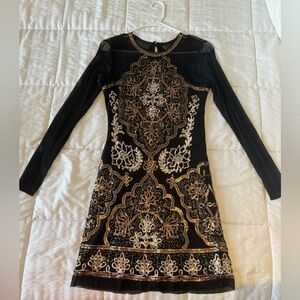 Copper & rose gold sequin long sleeve mesh evening dress